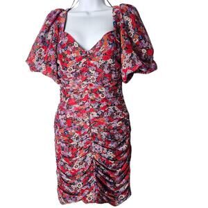 Zara Ruched Floral Puff-Sleeve Mini Dress XS Red Purple Cocktail Party‎ Romantic
